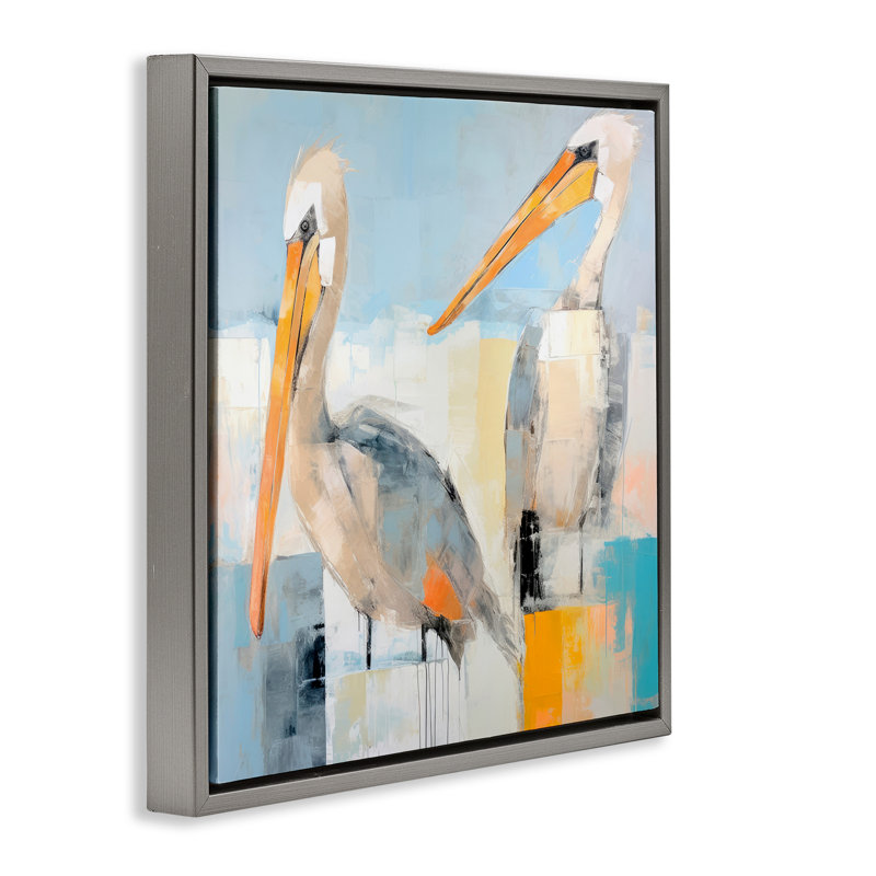 "Pelicans", art mural encadré par Irena Orlov, H 18 po x l 18 po, Cadre flottant gris lustré