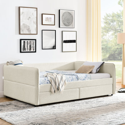 Grand lit tapissier avec lit gigogne et 2 tiroirs de rangement, tissu bouclé beige, 88 po x 65,5 po x 29,5 po, rayures verticales, mousse douce pour le confort, rangement facile pour le flux de travail, matériau,