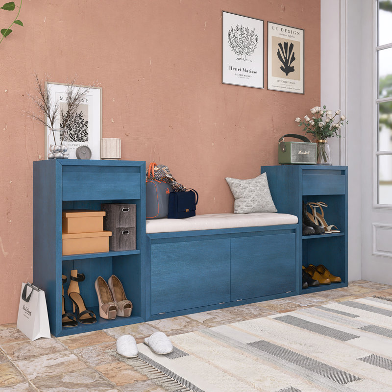 77.5" Width Shoe Storage Bench with Cushion for Entryway/Hallway/Mudroom/Living Room, Antique Navy