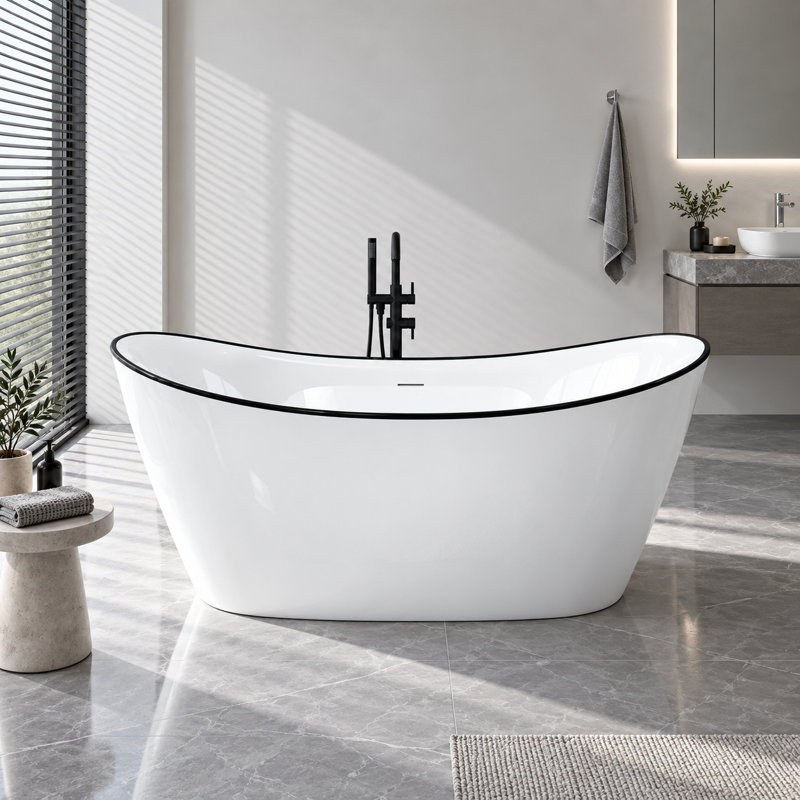 Baignoire de trempage autoportante en acrylique double 59 po, baignoire profonde ovale blanc brillant avec rebord noir, drain central et conception incurvée ergonomique pour salle de bain moderne