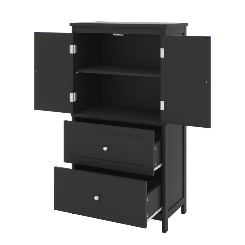 Freestanding Bathroom Floor Storage Cabinet Unit With 2 Drawers 2 Doors Adjustable Shelf, Black