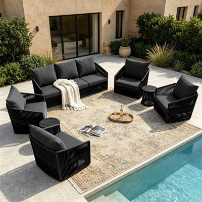 Ensemble de patio d'extérieur pivotant en corde pour sept personnes avec coussins et deux tables d'appoint