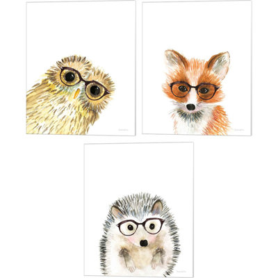 «Owl, Fox & Hedgehog In Glasses» par Mercedes Lopez Charro - ensemble de 3 impressions sur toile tendue
