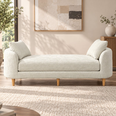 Banc sans dossier, capitonné en chenille, avec accoudoirs incurvés, style contemporain moderne, idéal pour chambre, salon et appartement.