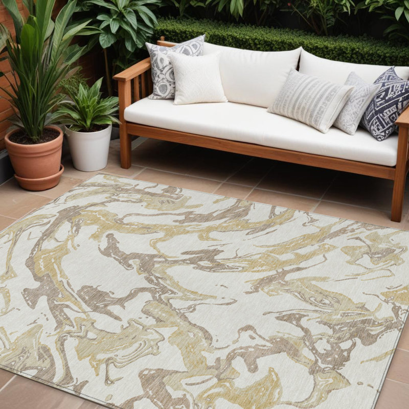 Tapis intérieur lavable abstrait 10 pi x 14 pi ivoire doré et brun