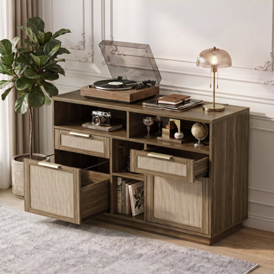 Classeur 41 po à 4 tiroirs en bois cannelé avec serrure et station de charge intégrée - Support d'imprimante pour bureau personnel avec tablettes ouvertes pour dossiers de format A4