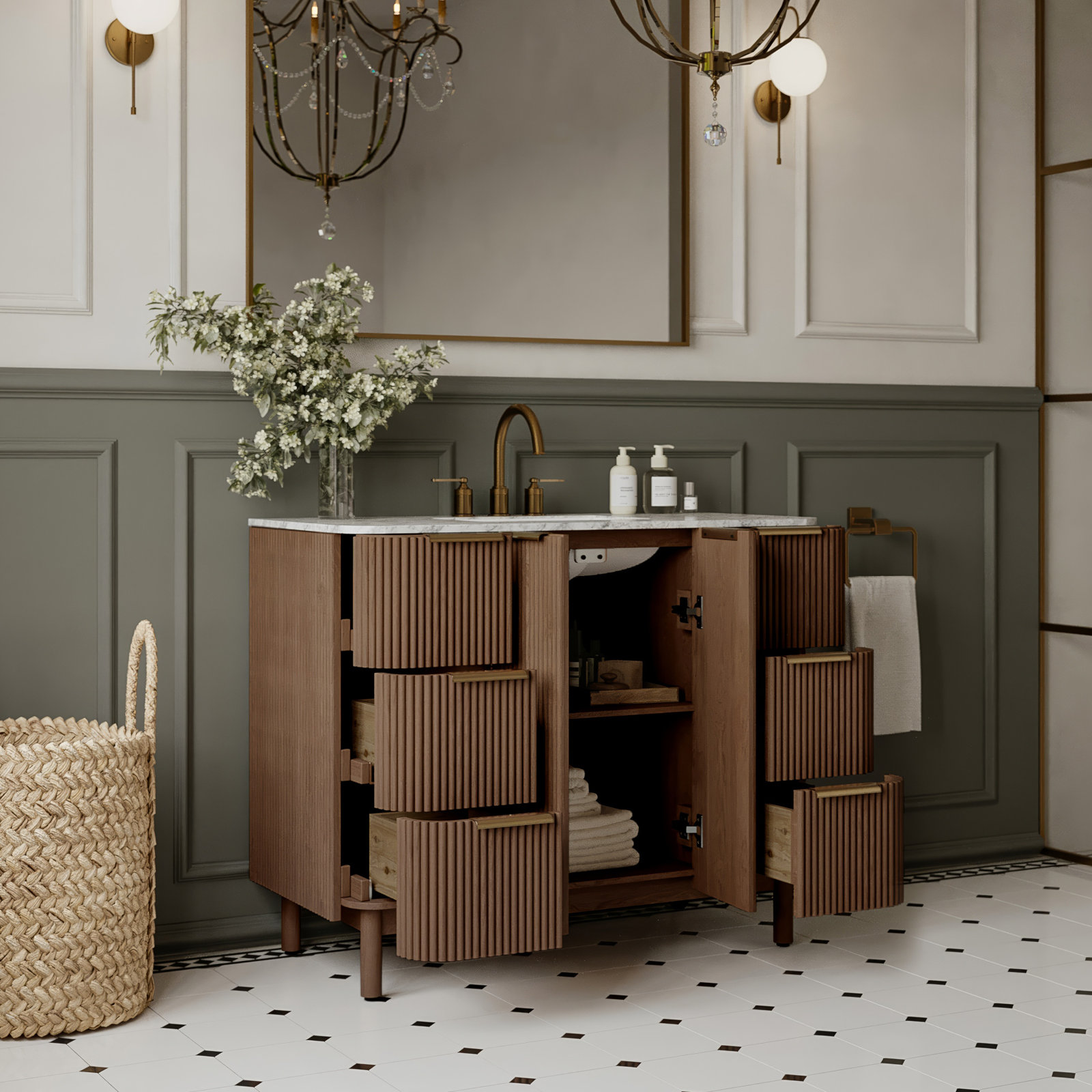 Nova 42" Carrara Marble Single Bathroom Vanity, Brown Reeded Birch