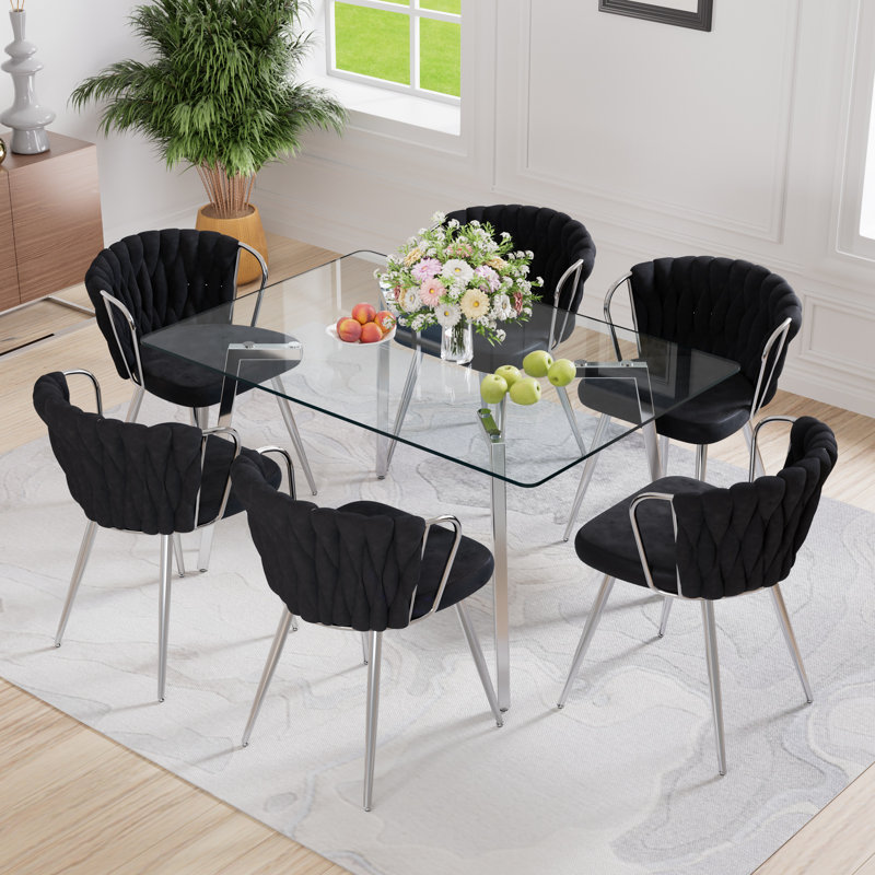51in Rectangle Glass Top Dining Set, Black, 7