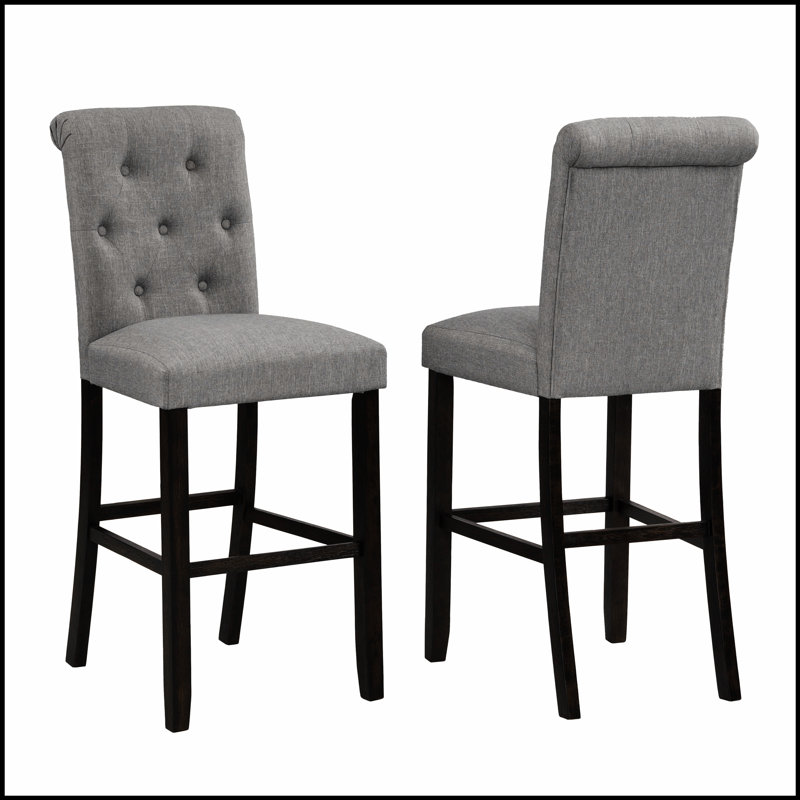 Ensemble de 2 tabourets de bar en bois massif Leviton, sièges rembourrés confortables et finition espresso élégante, Gris