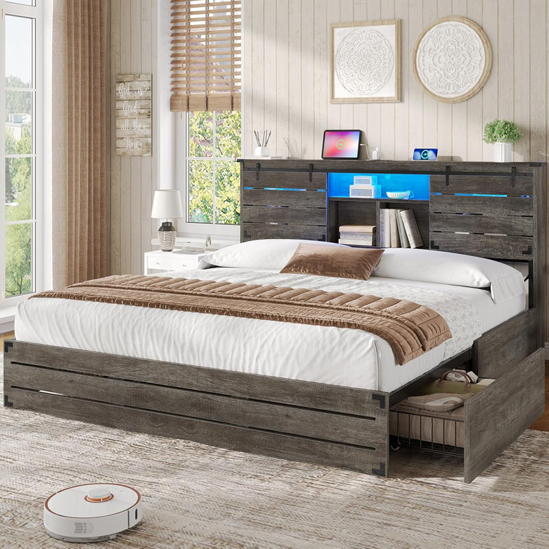 Farmhouse Storage Bed with 4 Drawers, Gray, King