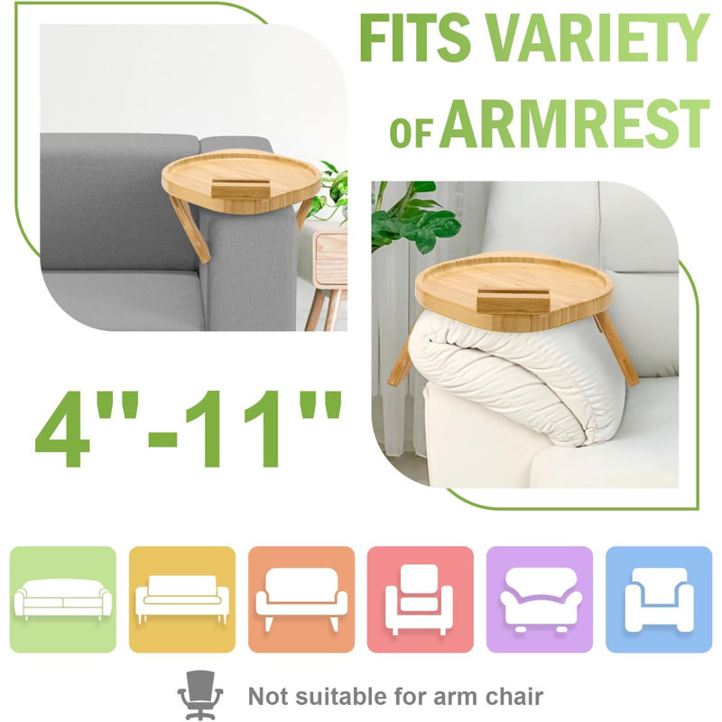 Couch Arm Tray Table,Bamboo Sofa Side Tables Clip-On Couch With 360° Phone Holder,Foldable Sofa Armrest Tray For Eating,Drink, Snacks, Coffee, TV,Remote