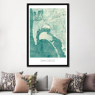 " San Diego Vintage Blue Watercolor Urban Blueprint Map " by Hubert Roguski