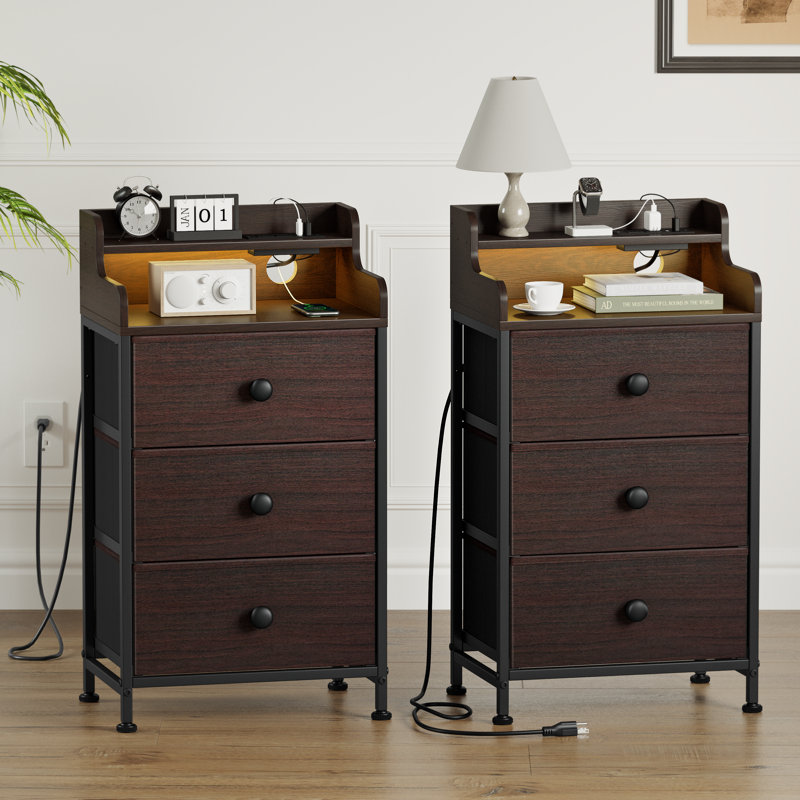 Sereena Nightstand With Outlets & LED Lights, End Table With3 Drawers & 2-Tier Open Shelf, Bedside Table For Bedroom, Brown