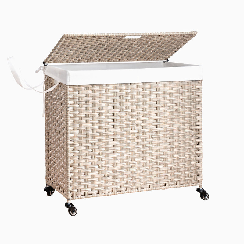 Panier à linge avec couvercle PE en rotin thermolaqué Cadre paniers à linge avec 02 sacs amovibles, roues, 160L, Gris clair