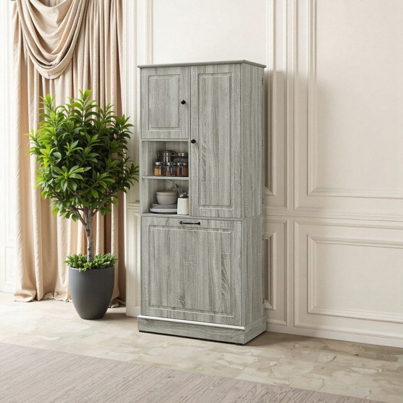 Tall Storage Cabinet With Flip-Out Basket, Adjustable Shelves & Enclosed Cabinets For Bathroom, Living Room Or Office, Gray