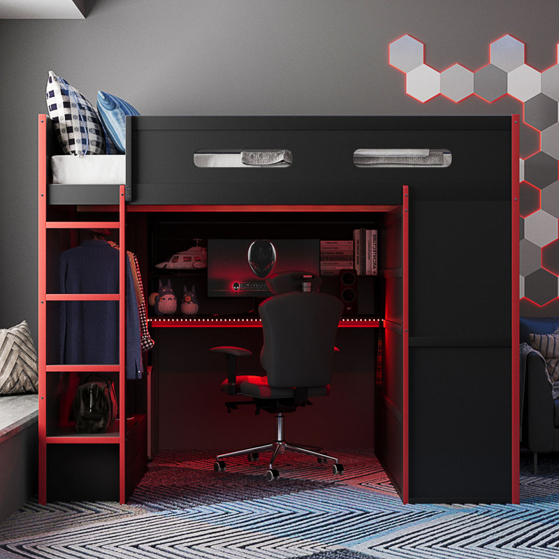 Lit mezzanine double en bois avec bureau, Rouge