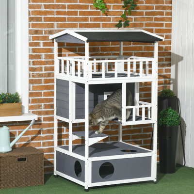 Wooden Outdoor Cat Stunning House, Grey With Asphalt Roof, Escape Doors, , Jumping Platform For Cats Up To 10 Lbs In Weight 10Lb