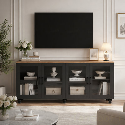 Meuble télé Farmhouse avec portes en verre trempé pour téléviseur de 70 po ou moins, buffet polyvalent avec tablettes réglables, armoire élégante avec 5 pieds en forme de gourde en bois massif