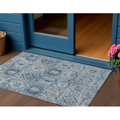 Tapis intérieur / extérieur 3 pi x 5 pi bleu et doré lavable à médaillon floral