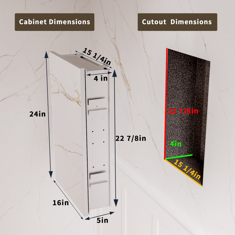 Armoire à pharmacie sans cadre à fixation en surface ou encastrée avec porte en miroir et tablettes réglables, 16"