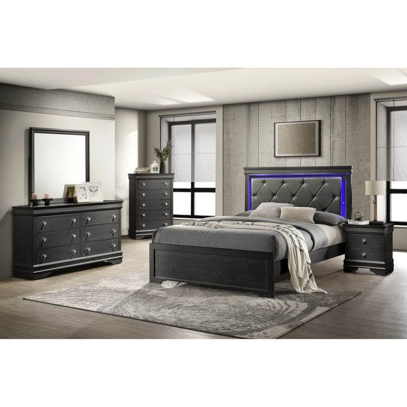 Lit rembourré de style moderne Blaze fabriqué avec une tête de lit à DEL et du bois gris métallique (NJ Inventory)