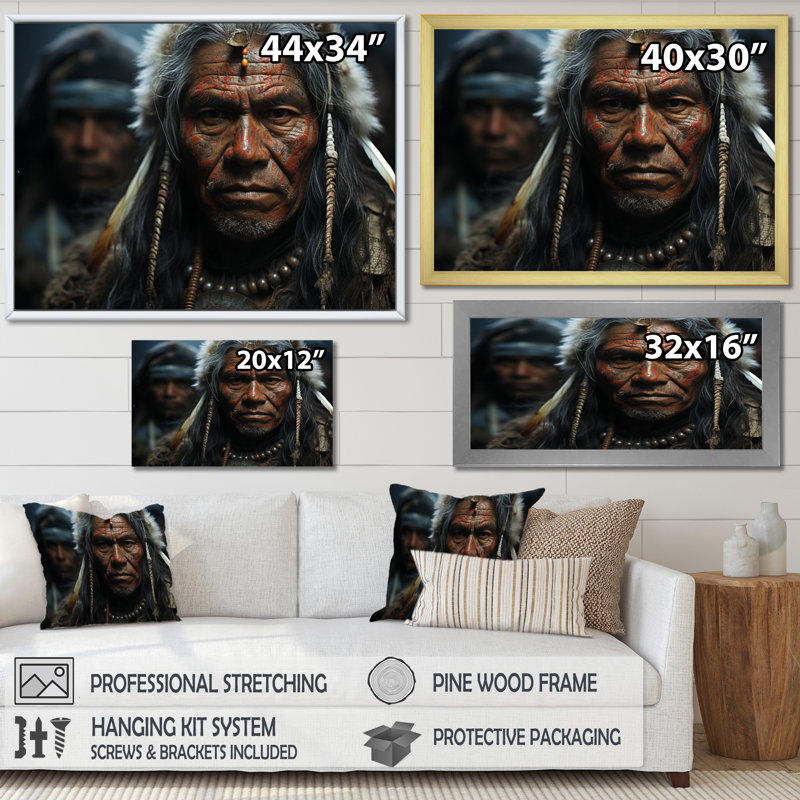 Native Art Spirits Of Warriors - Art mural sur toile Native American, 30" H x 40" W, Cadre flottant noir