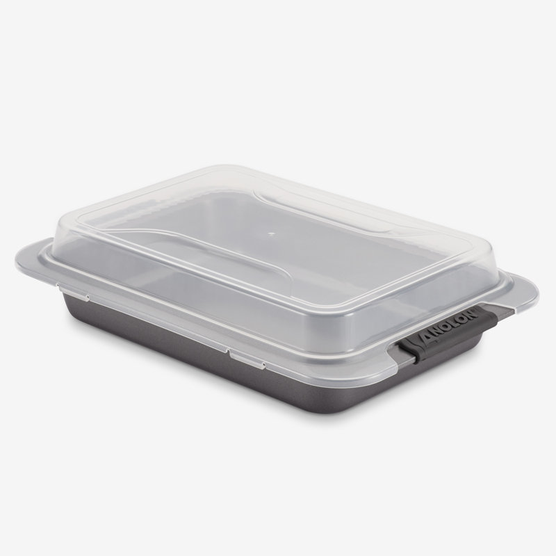 Gray Nonstick Rectangular Cake Pan with Silicone Grips and Lid