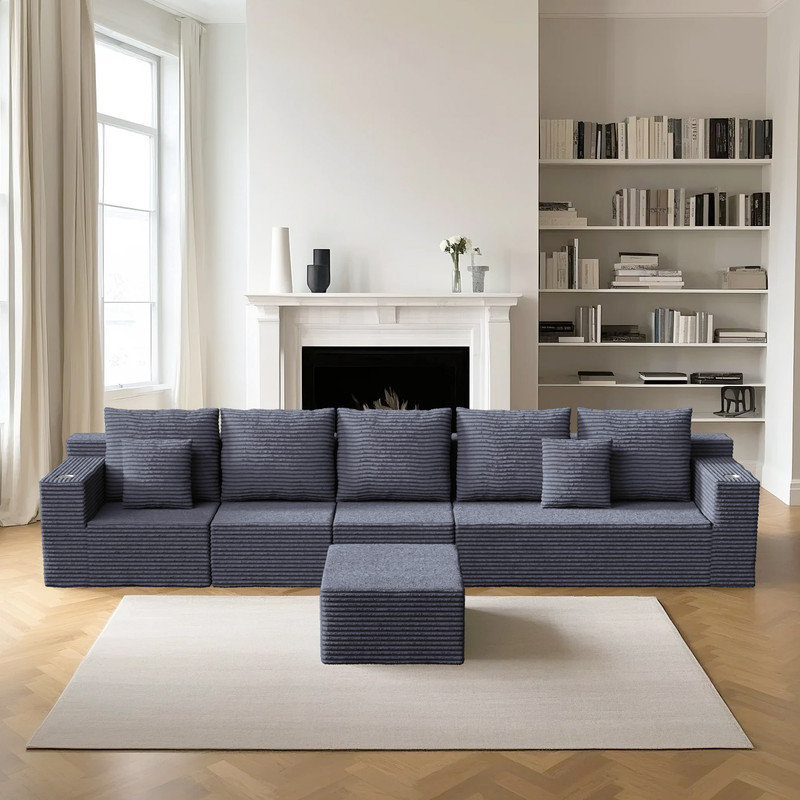 Modular L-Shaped Corduroy Sofa with Cup Holders and Movable Ottoman, Grey Corduroy