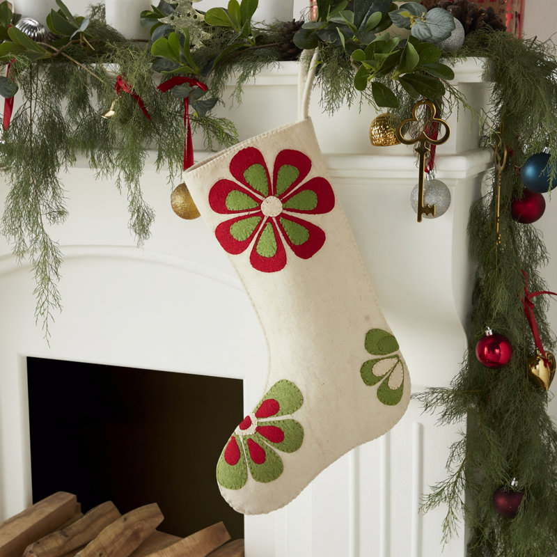Flower Power Christmas Stocking, Cream/Green