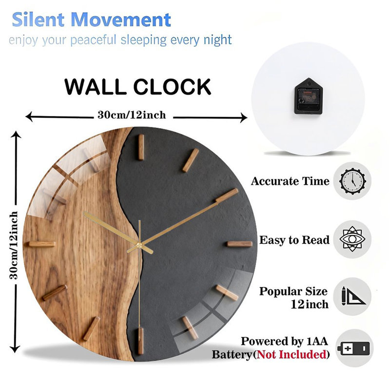 12" Round Tempered Glass Wall Clock with Silent Quartz Movement, Dark Gray