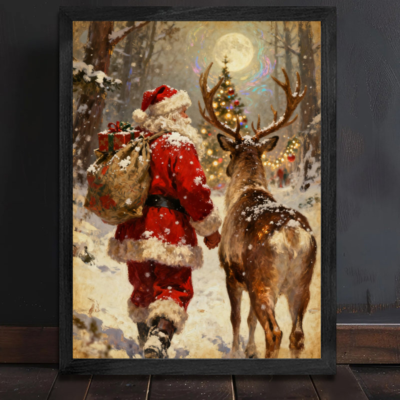 Père Noël rétro noir encadré avec art mural de style rétro, H 17 po x l 13 po