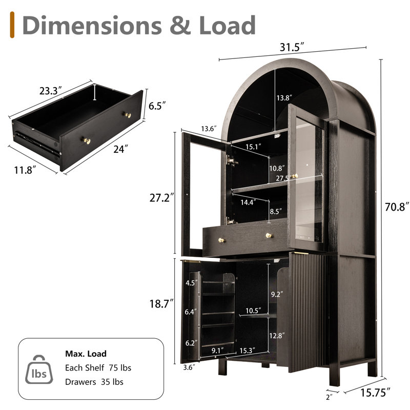 Garde-manger arqué 71 po avec tablettes réglables, porte vitrée et tiroir caché, noir