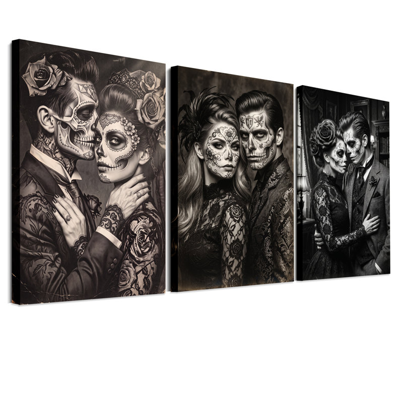 Couple de crânes mexicains en noir et blanc, ensemble de 3 toiles murales pour l'Halloween, H 18 po x l 12 po x 3 pièces