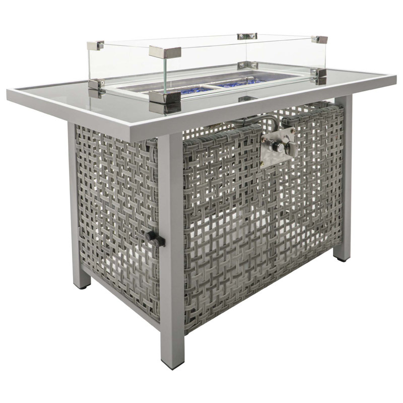 43" Propane Gas Fire Pit Table,60000 BTU Rectangular Open Weave Wicker Fire Pit With Glass Wind Guard For Outside Patio Deck Garden Backyard