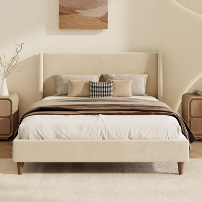 Queen size Upholstered Bed with Wingback Headboard and sturdy Wooden Legs