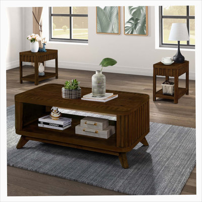 Rectangular Living Room Table Set, 3-Piece Living Room Table Set with Solid Wood Legs