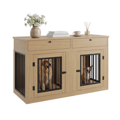 Double-door Dog Crate Console Table With Storage Drawers