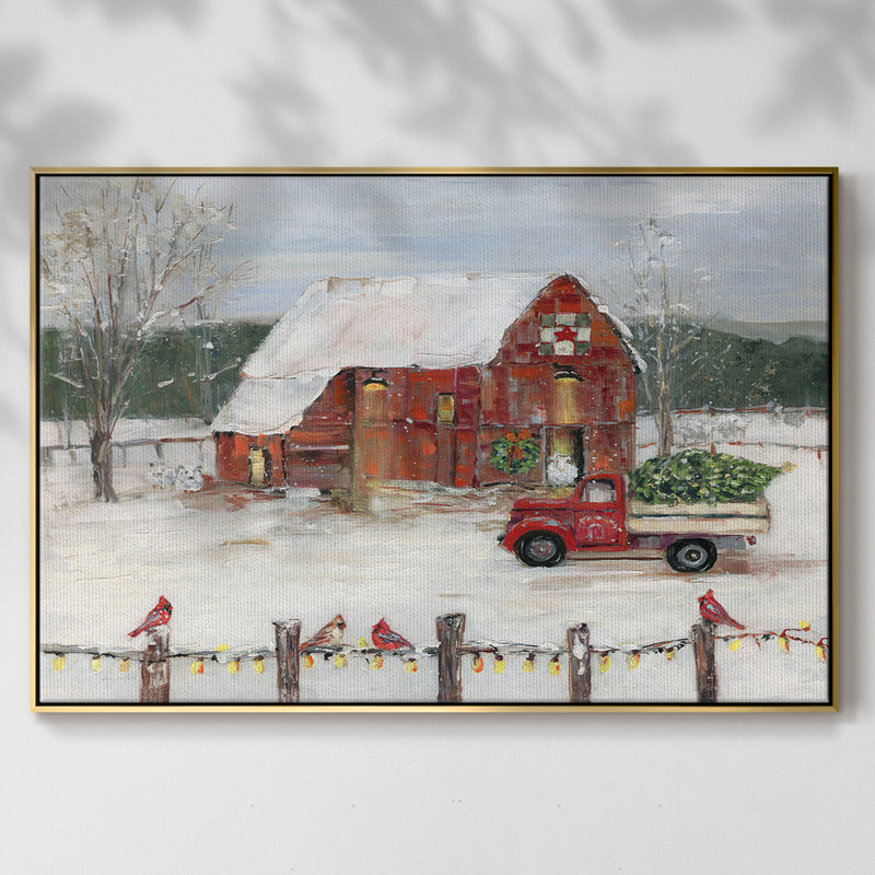 Christmas Farmyard, reproduction d'art sur toile, H 25 po x l 37 po x P 2 po, Encadrement doré