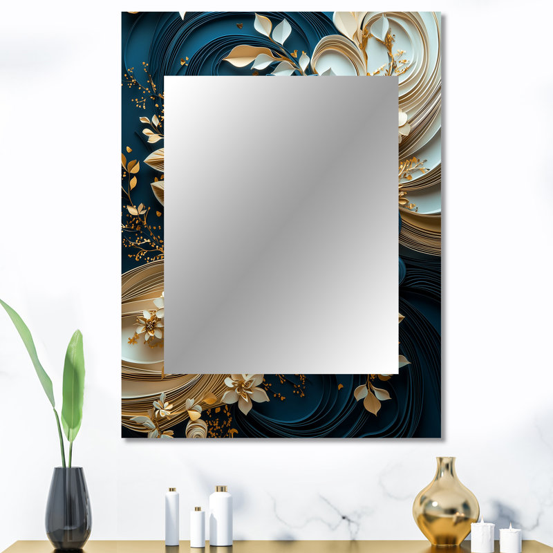 White Teal Liquid Ink Peonies - Peonies Decorative Wall Mirror, Traditional Large Mirror, Printed Metal Art, 40" x 30"