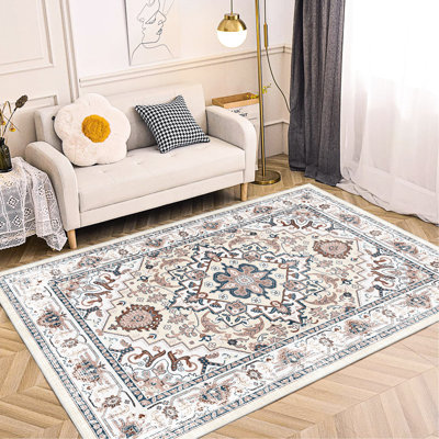 Tapis lavable 5 x 7, style bohémien rétro, envers antidérapant, motif de fleur d'oranger pour thème de famille d'amis, lavable, foyer de cuisine