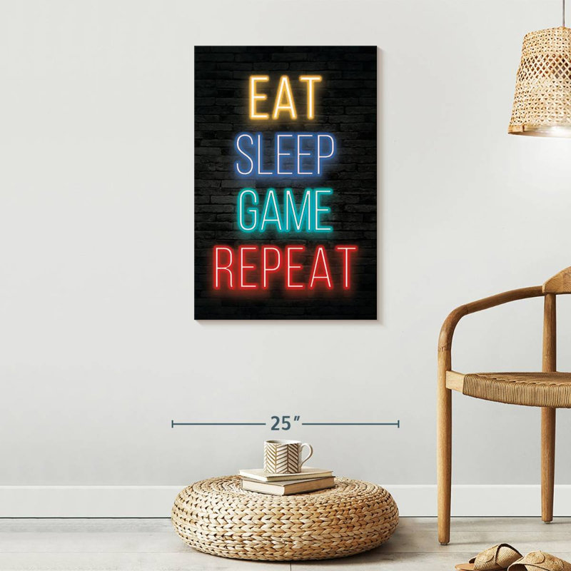 Neon Eat Sleep Game Répétition sur toile, H 30 po x l 20 po x P 1,25 po