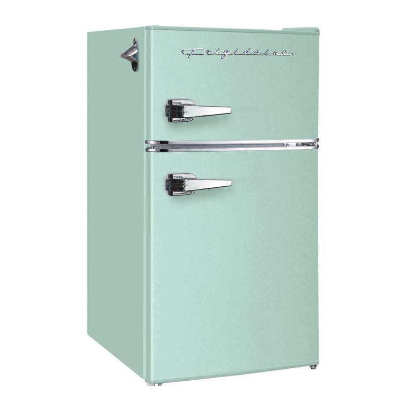 FRIGIDAIRE Retro 2-Door Compact Fridge Freezer Combo, 3.1 Cu. Ft., Stainless Steel, Built-in Bottle Opener, Mint