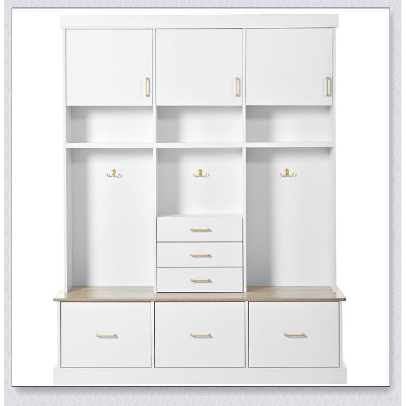 Arbre d'entrée 75 po avec banc et rangement, portemanteau moderne 5 en 1 avec portemanteau, 6 tiroirs, 3 armoires et 3 niveaux de rangement supérieur pour le couloir, l'entrée, le salon et le vestibule