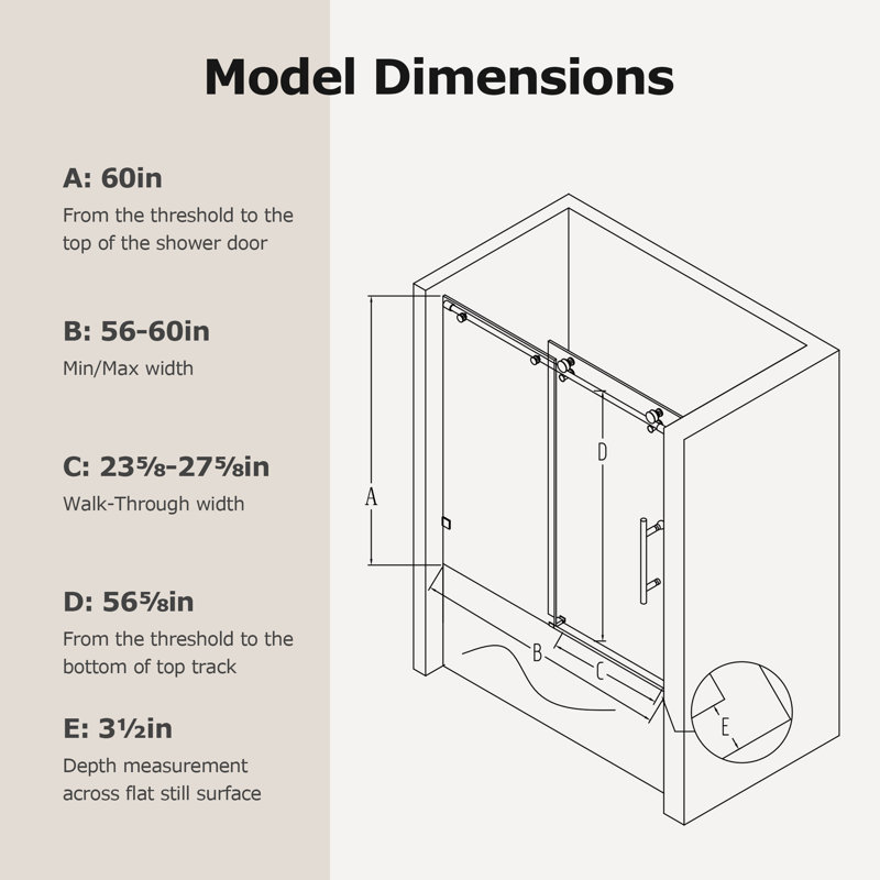 56-60 In W X 60 In H Shower Door, Frameless Single Sliding With Soft-Close 5/16 In Tempered Glass Door Smooth Rollers Stainless Steel Hardware Modern Bathroom Enclosure For Spacious Shower Experience