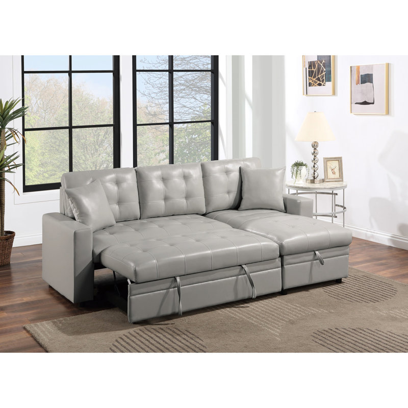 Canapé modulaire gris en similicuir avec lit escamotable et rangement pour chaise longue