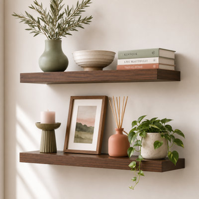 Tablettes flottantes en bois d'acacia massif - Rangement mural rustique avec supports de fixation (ensemble de 2)