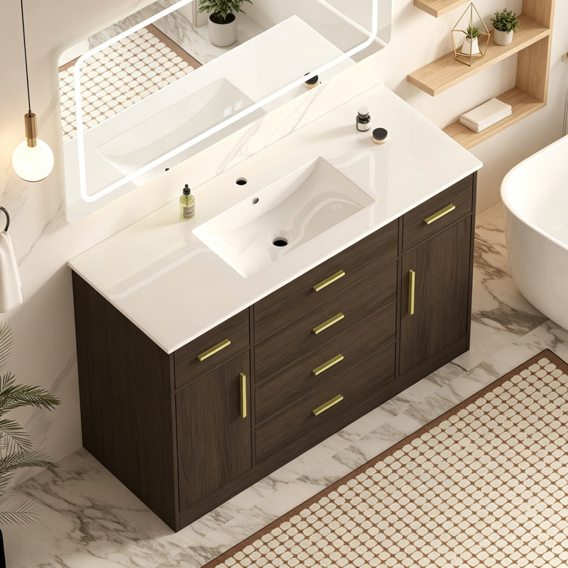 Meuble-lavabo de salle de bain avec 2 portes à fermeture douce et 6 tiroirs, Marron foncé
