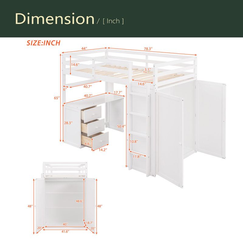 Lit mezzanine avec tiroirs, bureau et garde-robe, Lit simple, Blanc