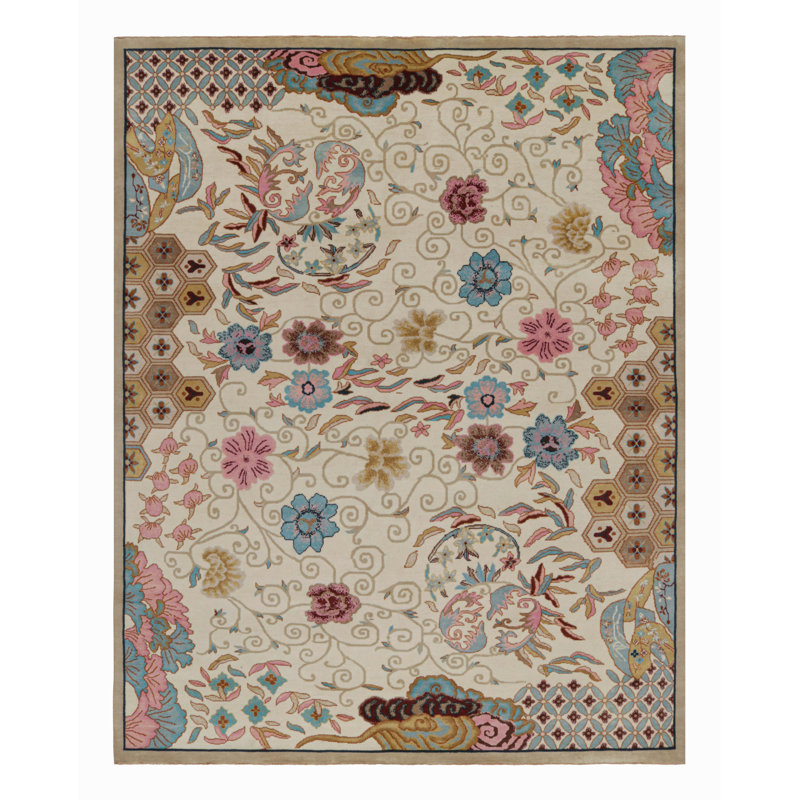 Art Deco Hand Knotted Wool Floral Area Rug, Rectangle 10' x 14'