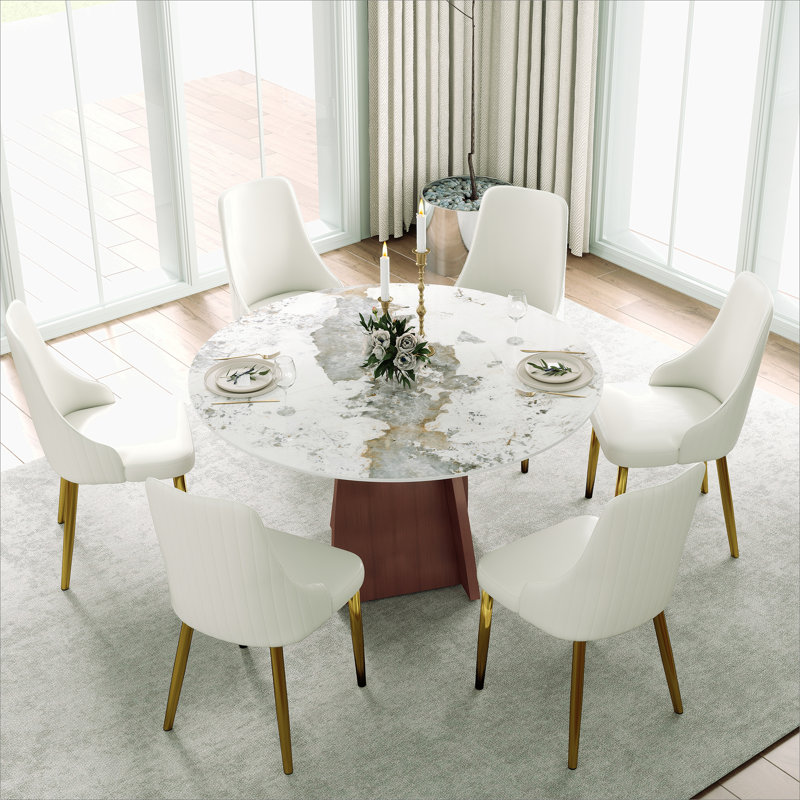 Table de salle à manger 53 po ronde en marbre avec base en fer, marbre artificiel pour 6 personnes, table de salle à manger / salon, Pandora (table de salle à manger seulement)